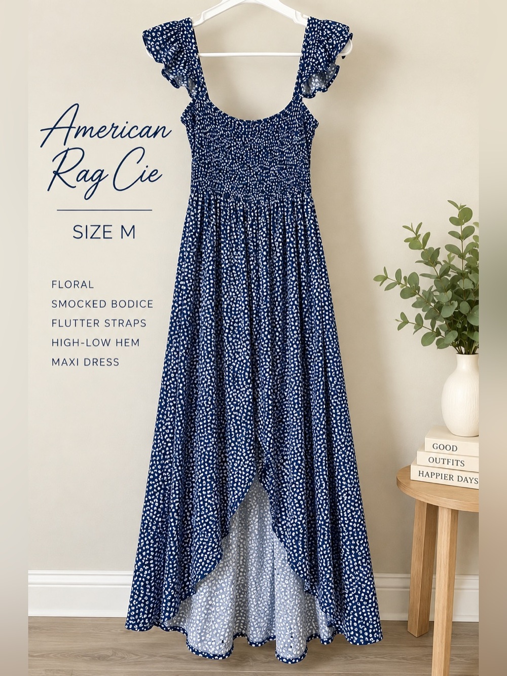 American Rag Cie Navy Floral High Low Maxi Dress Size M Smocked